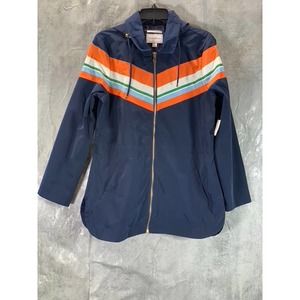 Charter Club Women's Blue Combo Striped Full-Zip Water Resistant Coat SZ M